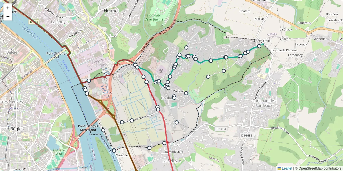Carte du réseau de transport en commun à Bouliac - lignes de bus et arrêts