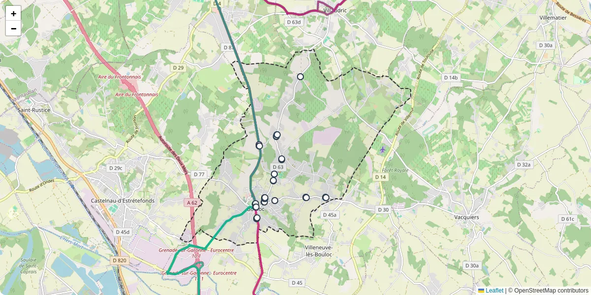 Carte du réseau de transport en commun à Bouloc - lignes de bus et arrêts