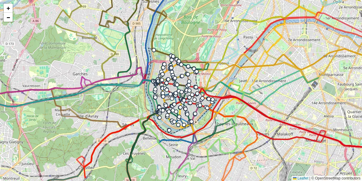 Carte du réseau de transport en commun à Boulogne-Billancourt - lignes de bus et arrêts