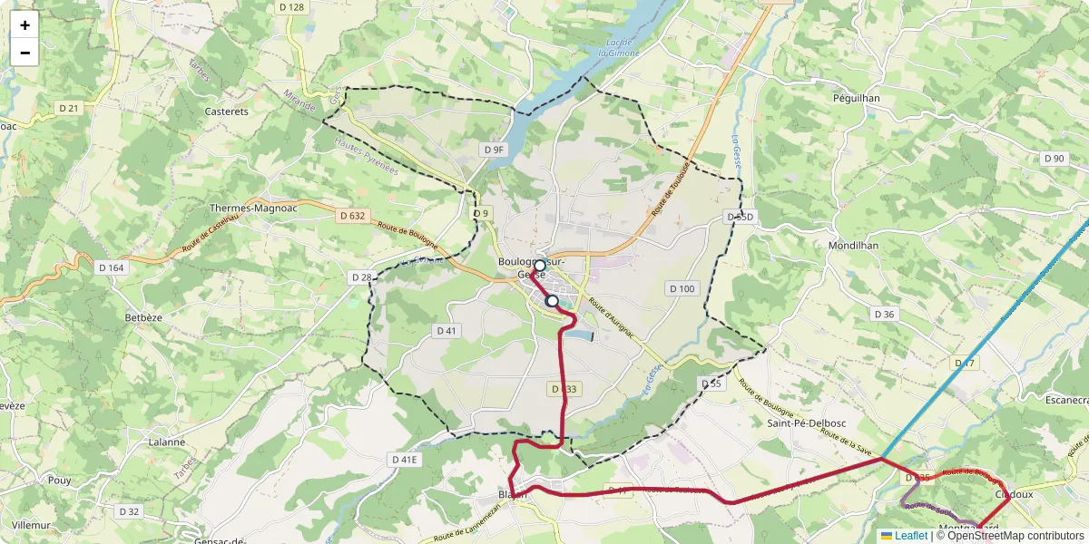 Carte du réseau de transport en commun à Boulogne-sur-Gesse - lignes de bus et arrêts