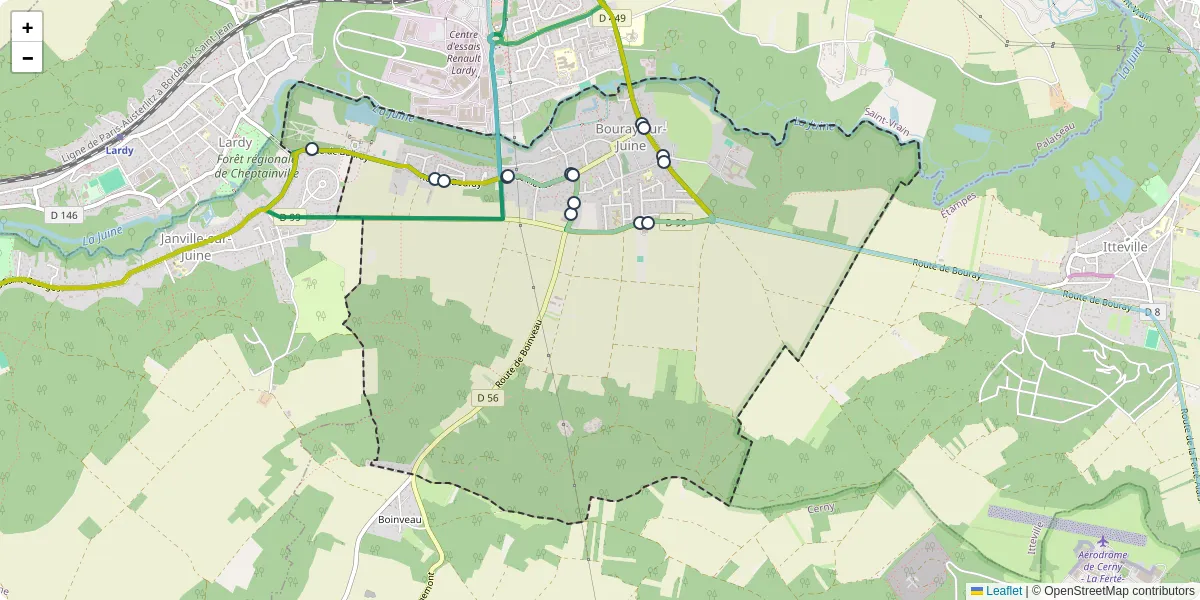 Carte du réseau de transport en commun à Bouray-sur-Juine - lignes de bus et arrêts
