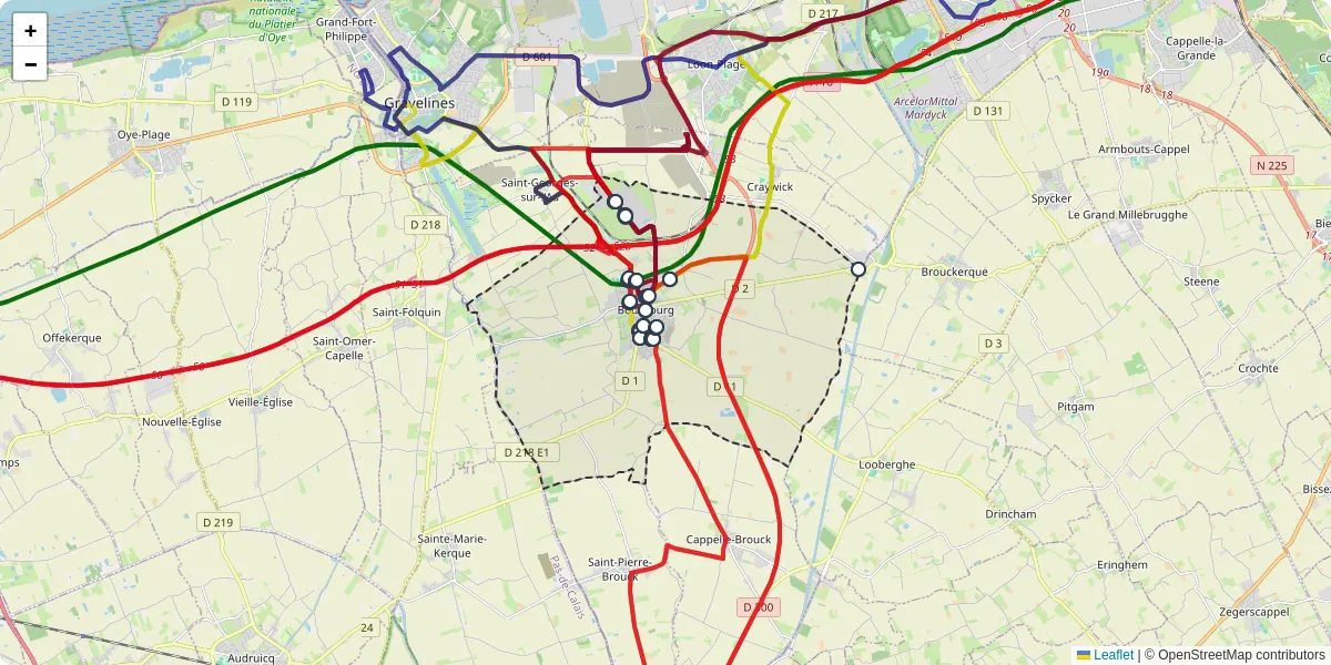 Carte du réseau de transport en commun à Bourbourg - lignes de bus et arrêts