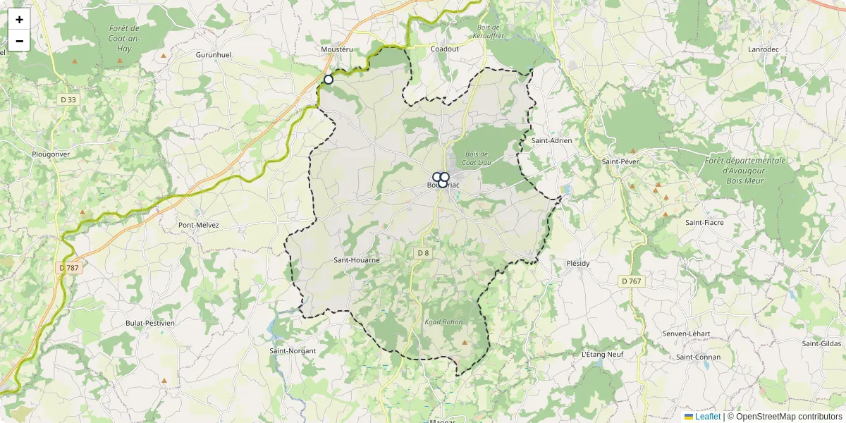 Carte du réseau de transport en commun à Bourbriac - lignes de bus et arrêts