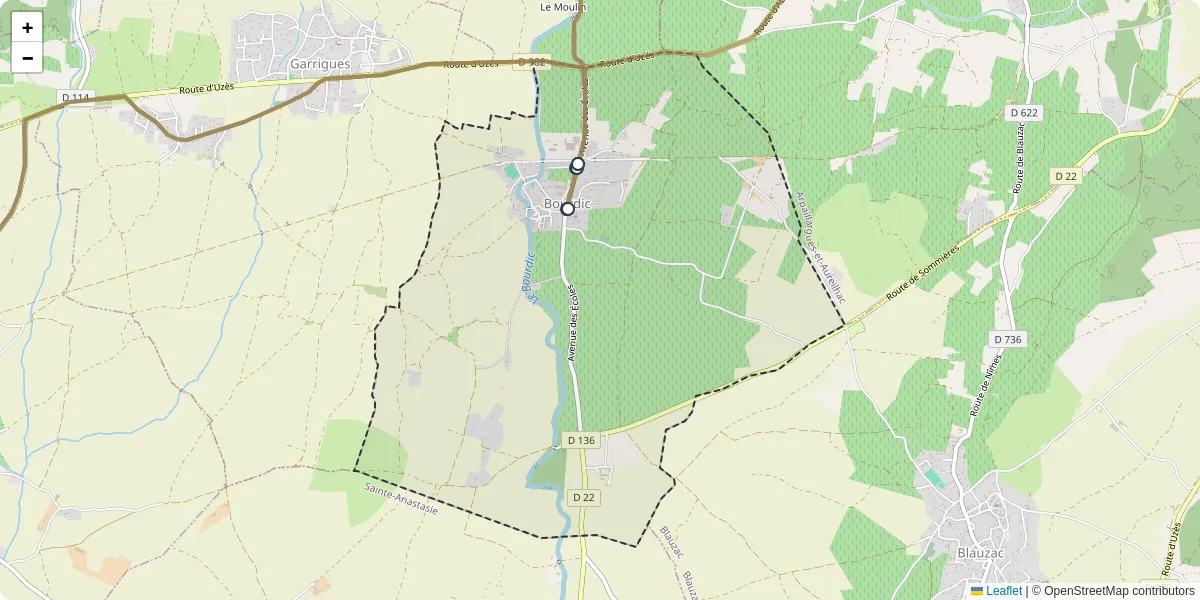 Carte du réseau de transport en commun à Bourdic - lignes de bus et arrêts