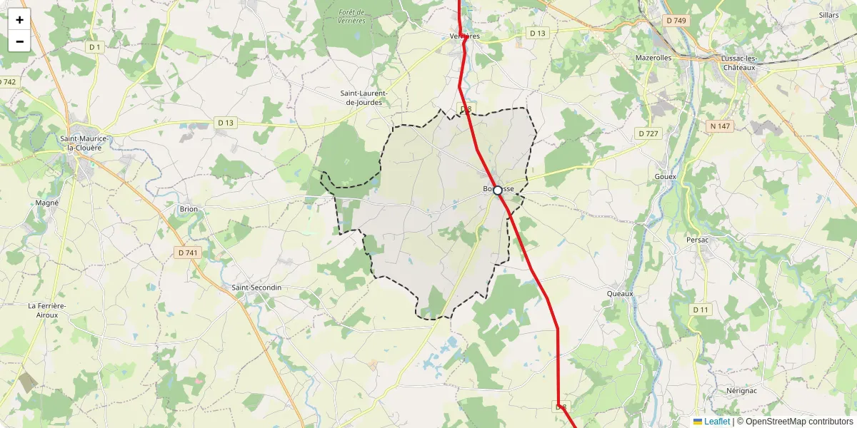 Carte du réseau de transport en commun à Bouresse - lignes de bus et arrêts