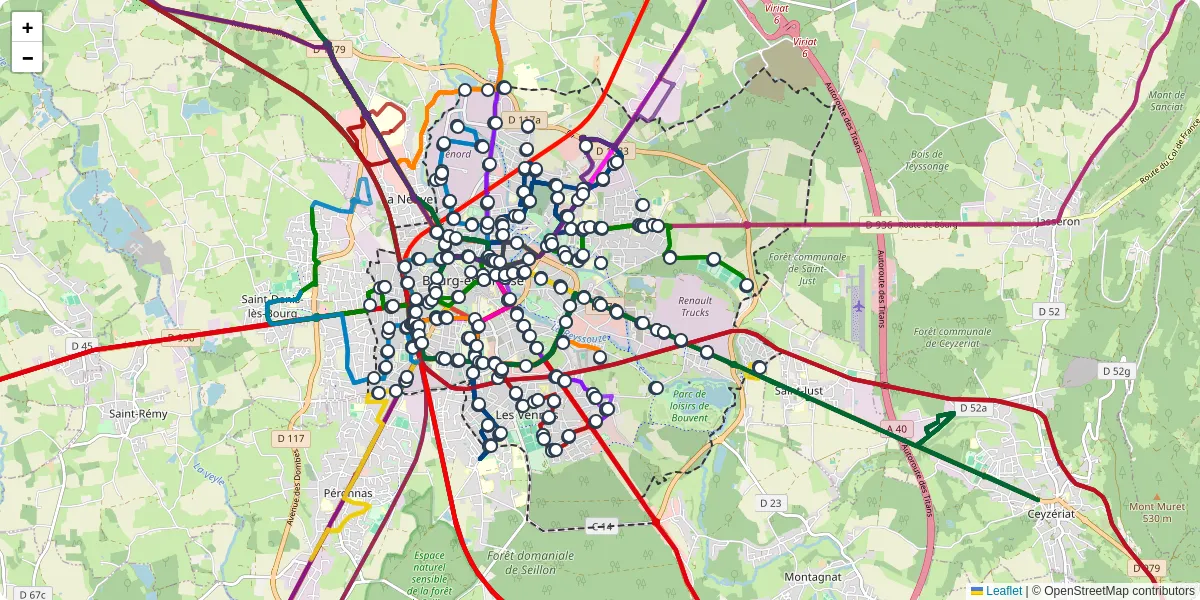 Carte du réseau de transport en commun à Bourg-en-Bresse - lignes de bus et arrêts