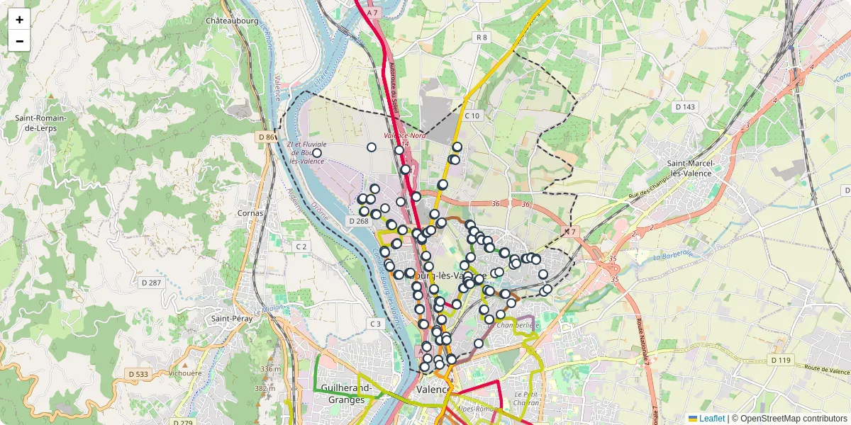 Carte du réseau de transport en commun à Bourg-lès-Valence - lignes de bus et arrêts