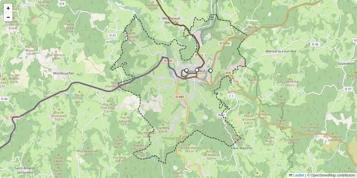 Carte du réseau de transport en commun à Bourganeuf - lignes de bus et arrêts