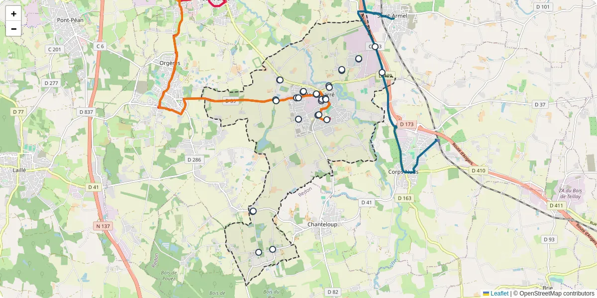 Carte du réseau de transport en commun à Bourgbarré - lignes de bus et arrêts