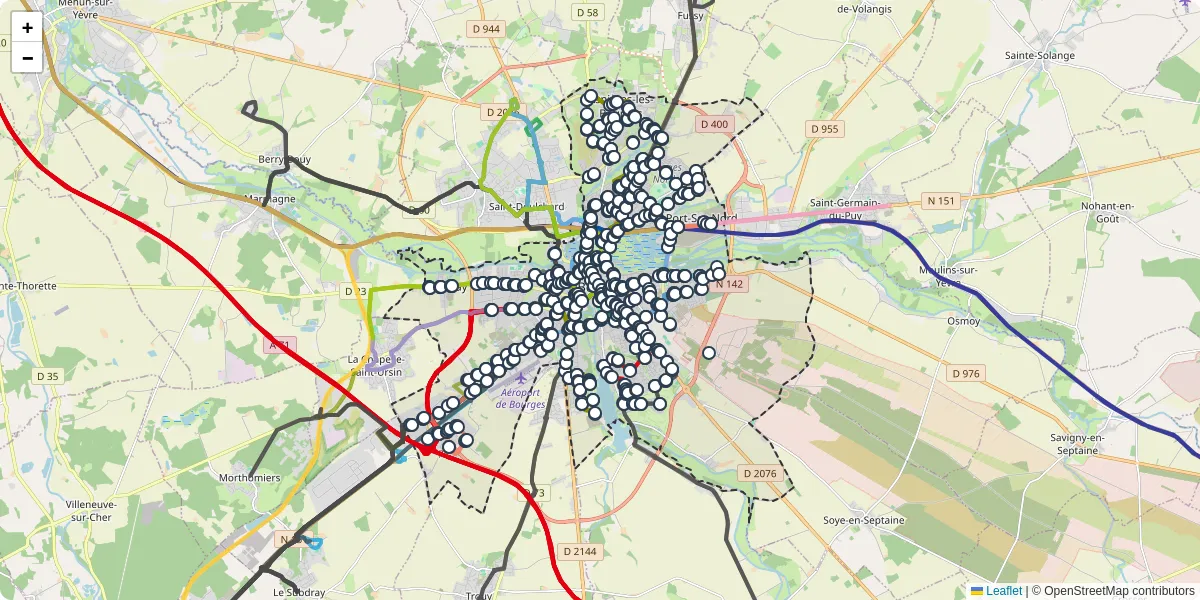 Carte du réseau de transport en commun à Bourges - lignes de bus et arrêts