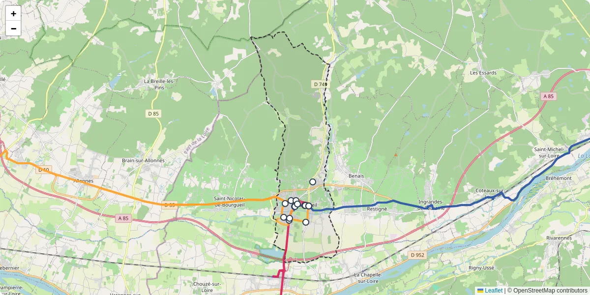 Carte du réseau de transport en commun à Bourgueil - lignes de bus et arrêts