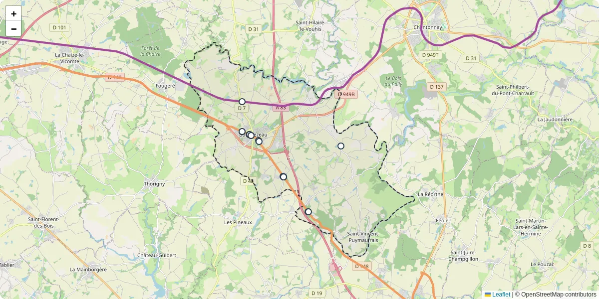 Carte du réseau de transport en commun à Bournezeau - lignes de bus et arrêts