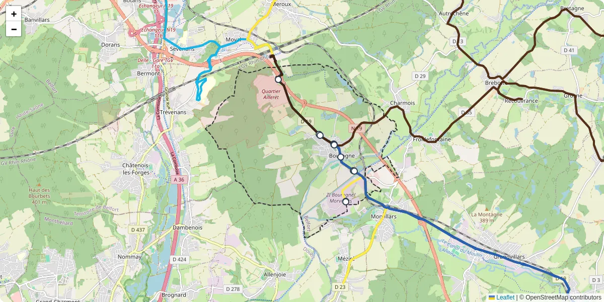 Carte du réseau de transport en commun à Bourogne - lignes de bus et arrêts