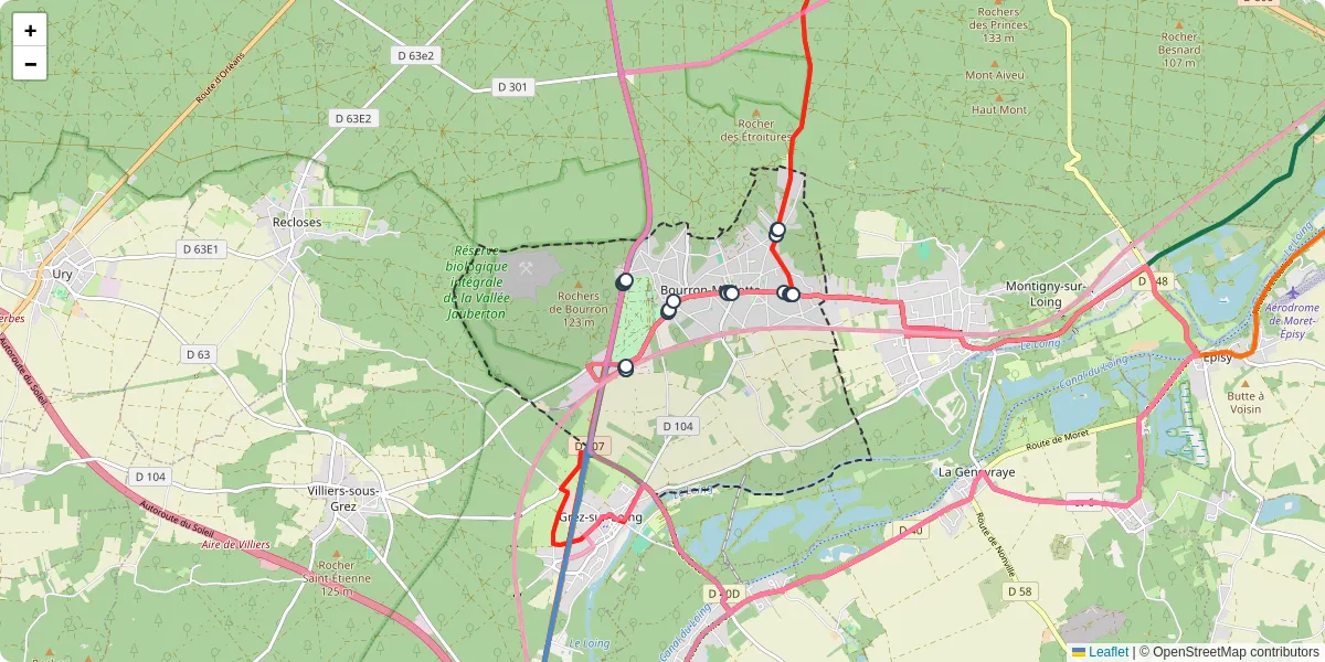 Carte du réseau de transport en commun à Bourron-Marlotte - lignes de bus et arrêts