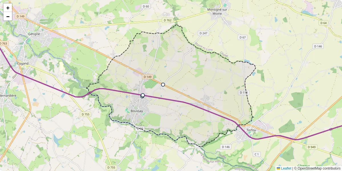 Carte du réseau de transport en commun à Boussay - lignes de bus et arrêts