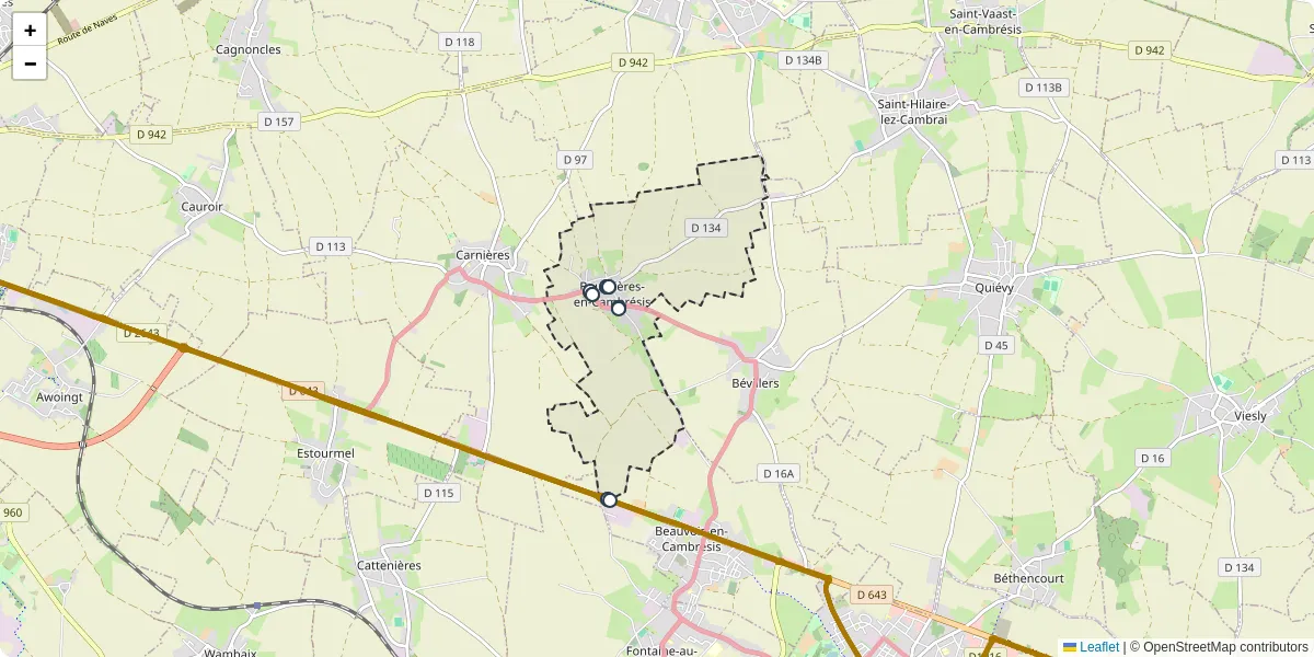 Carte du réseau de transport en commun à Boussières-en-Cambrésis - lignes de bus et arrêts