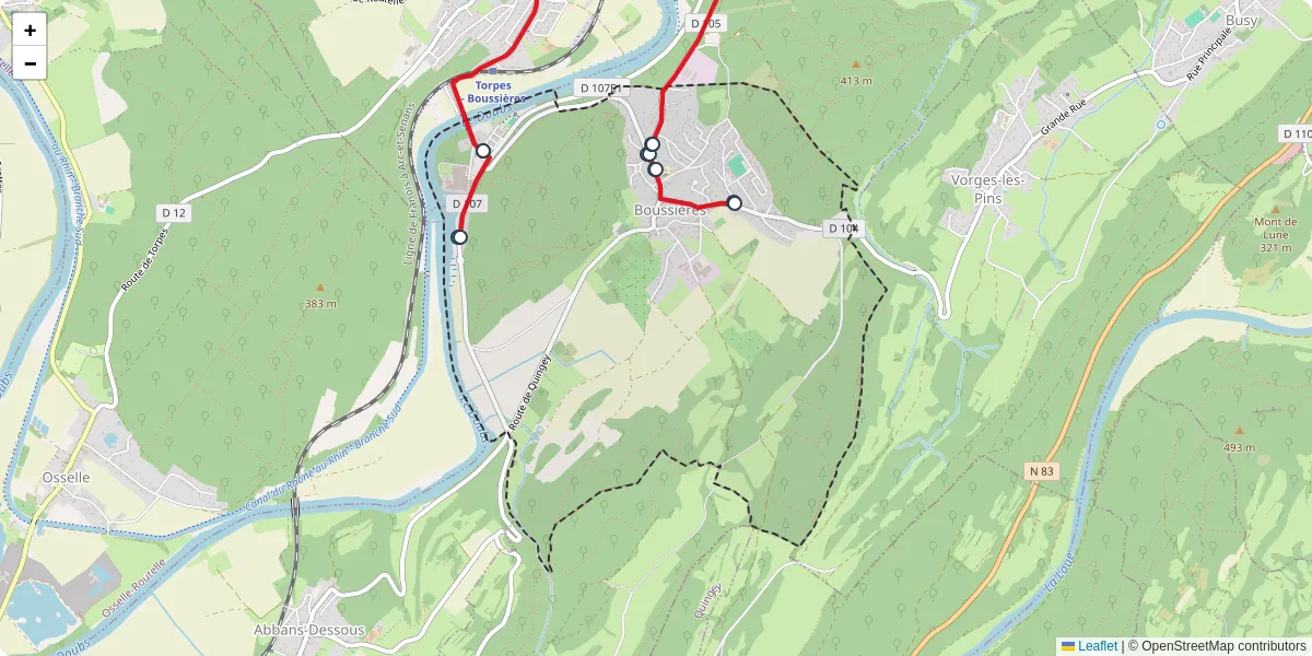 Carte du réseau de transport en commun à Boussières - lignes de bus et arrêts