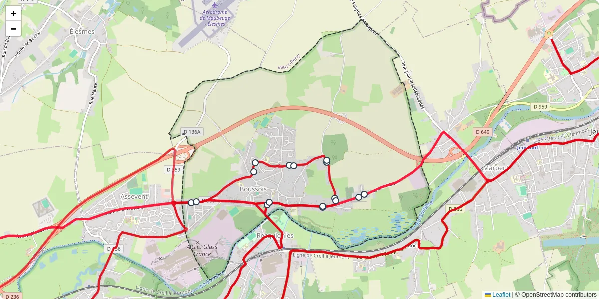 Carte du réseau de transport en commun à Boussois - lignes de bus et arrêts