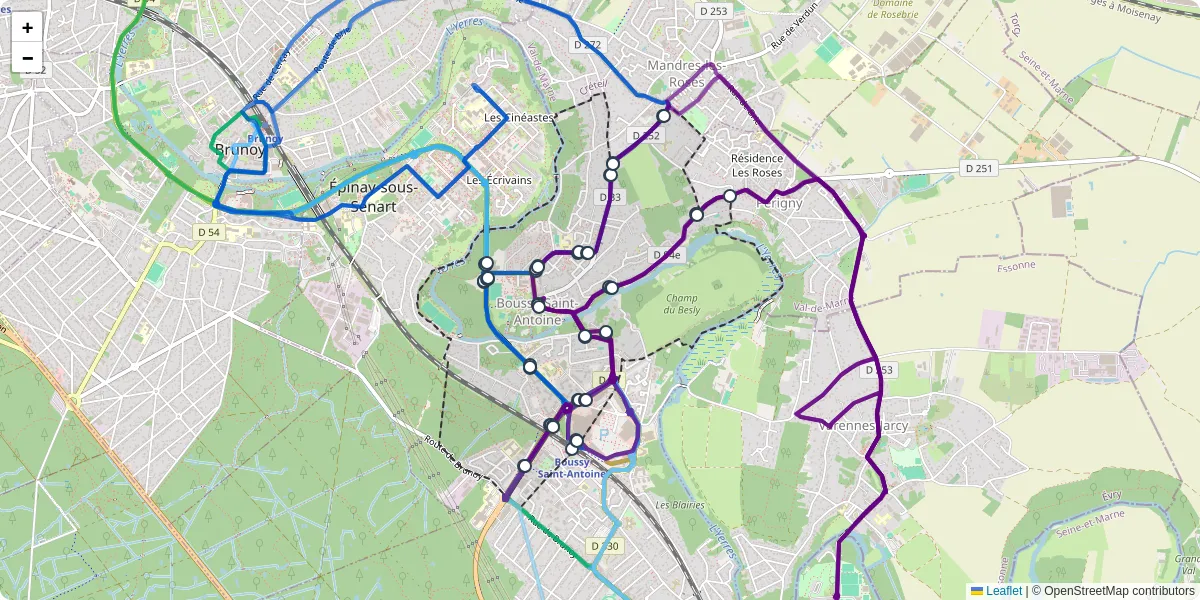Carte du réseau de transport en commun à Boussy-Saint-Antoine - lignes de bus et arrêts