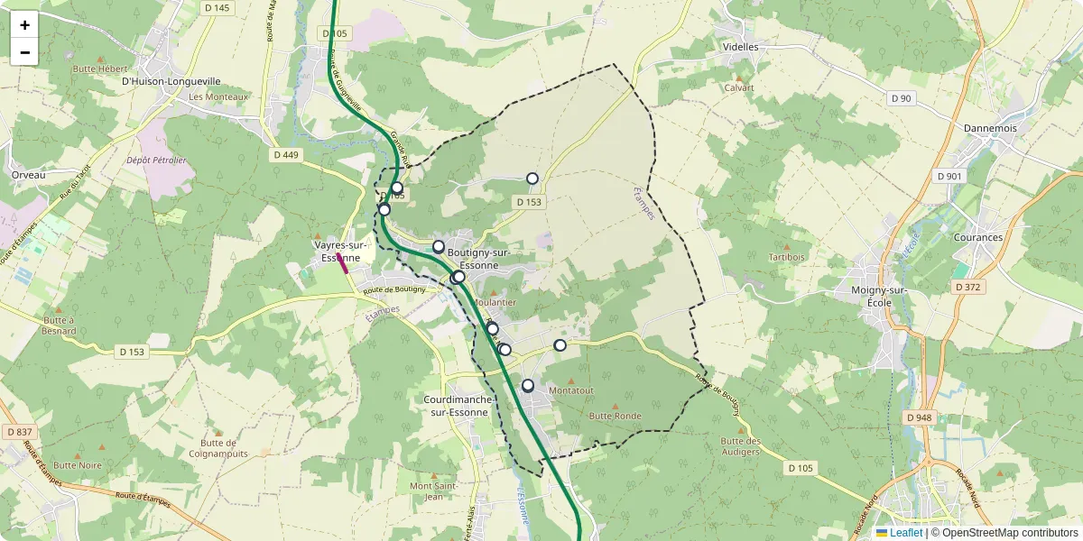 Carte du réseau de transport en commun à Boutigny-sur-Essonne - lignes de bus et arrêts