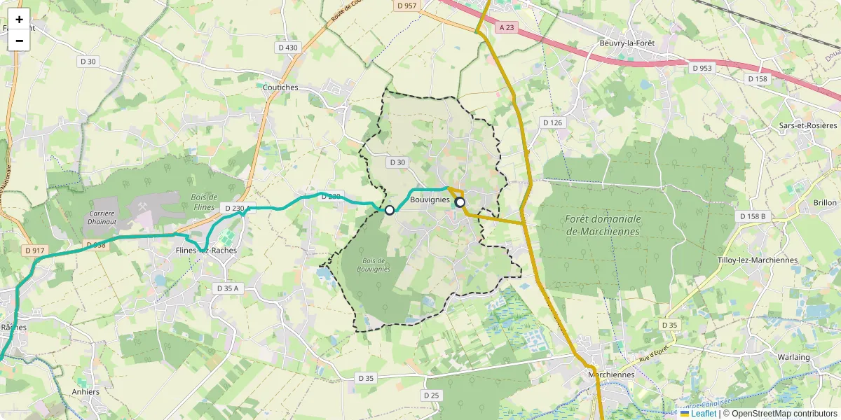 Carte du réseau de transport en commun à Bouvignies - lignes de bus et arrêts