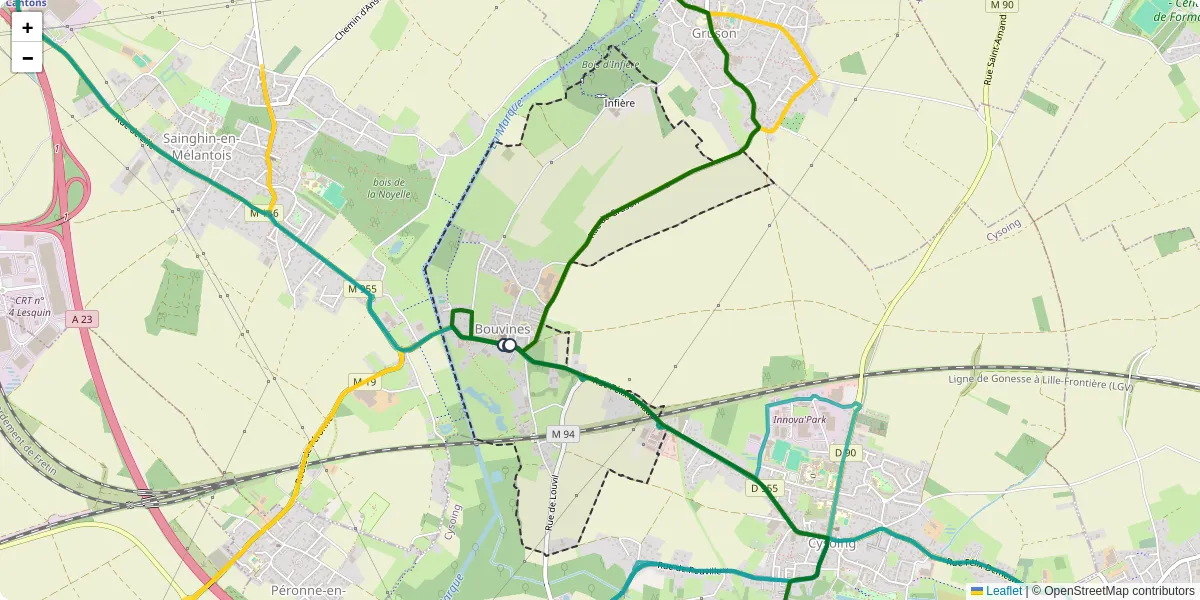 Carte du réseau de transport en commun à Bouvines - lignes de bus et arrêts