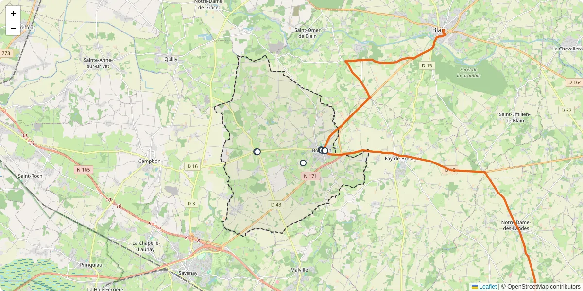 Carte du réseau de transport en commun à Bouvron - lignes de bus et arrêts