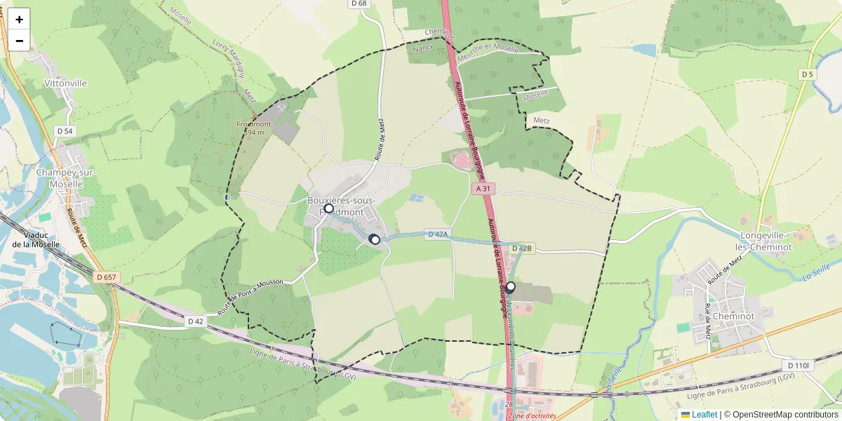 Carte du réseau de transport en commun à Bouxières-sous-Froidmont - lignes de bus et arrêts