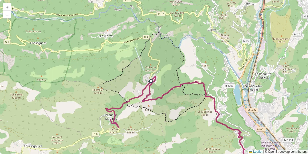 Carte du réseau de transport en commun à Bouyon - lignes de bus et arrêts