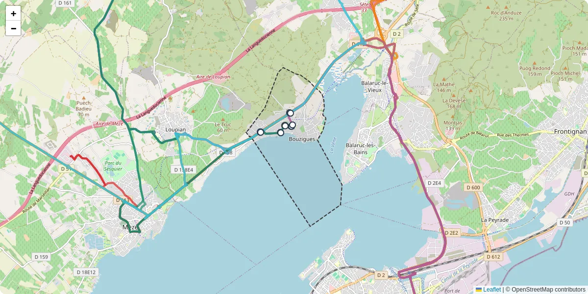 Carte du réseau de transport en commun à Bouzigues - lignes de bus et arrêts