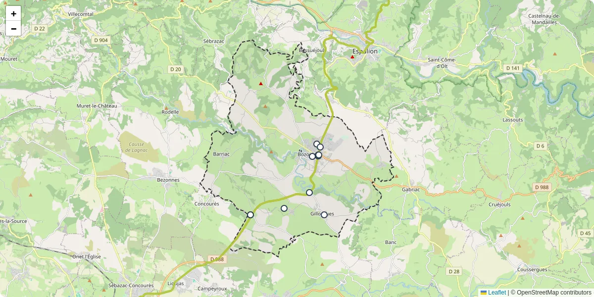 Carte du réseau de transport en commun à Bozouls - lignes de bus et arrêts