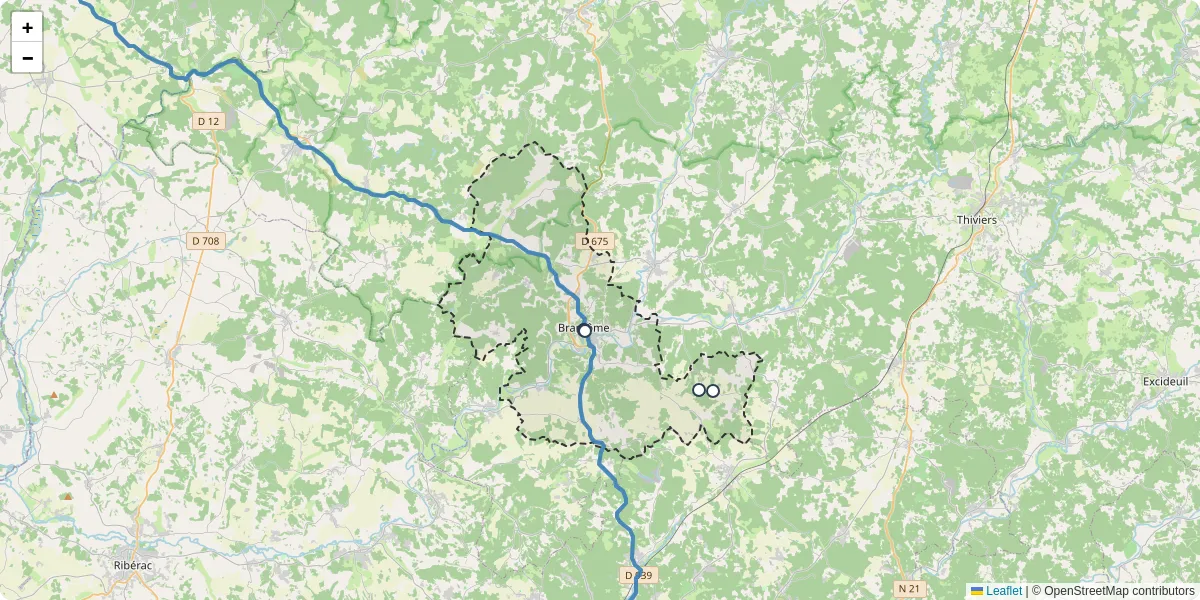 Carte du réseau de transport en commun à Brantôme en Périgord - lignes de bus et arrêts