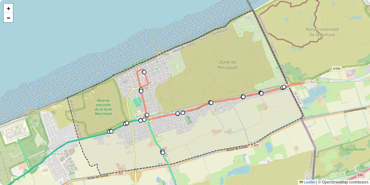 Carte du réseau de transport en commun à Bray-Dunes - lignes de bus et arrêts