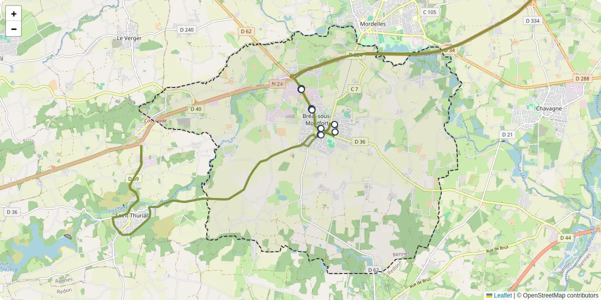 Carte du réseau de transport en commun à Bréal-sous-Montfort - lignes de bus et arrêts