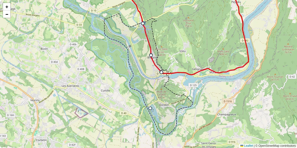 Carte du réseau de transport en commun à Brégnier-Cordon - lignes de bus et arrêts