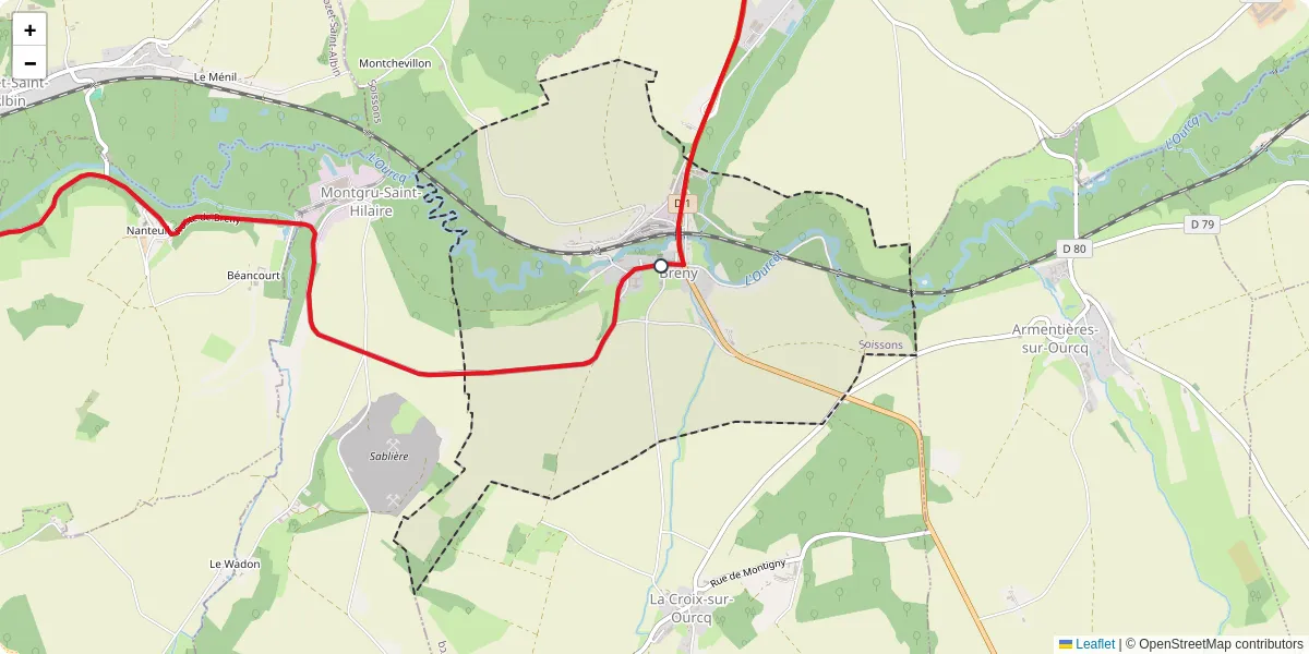 Carte du réseau de transport en commun à Breny - lignes de bus et arrêts