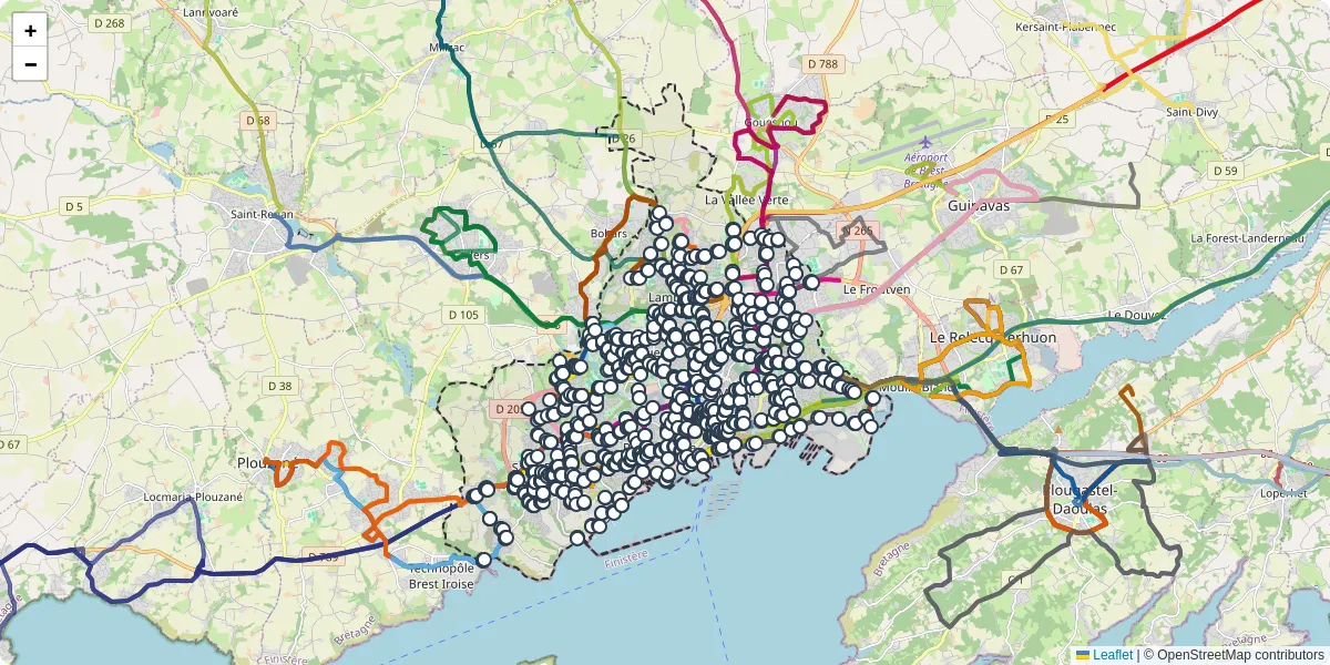 Carte du réseau de transport en commun à Brest - lignes de bus et arrêts