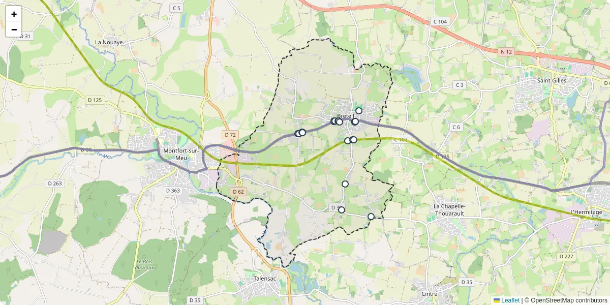 Carte du réseau de transport en commun à Breteil - lignes de bus et arrêts
