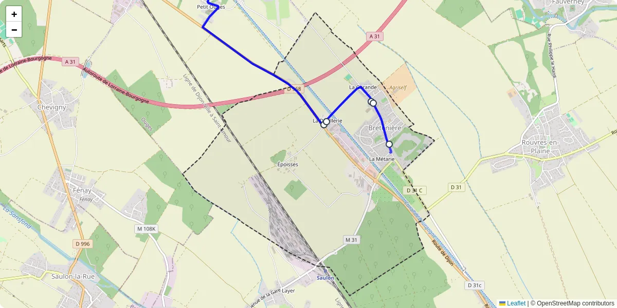 Carte du réseau de transport en commun à Bretenière - lignes de bus et arrêts