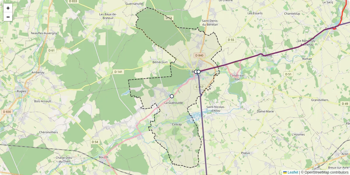Carte du réseau de transport en commun à Breteuil - lignes de bus et arrêts