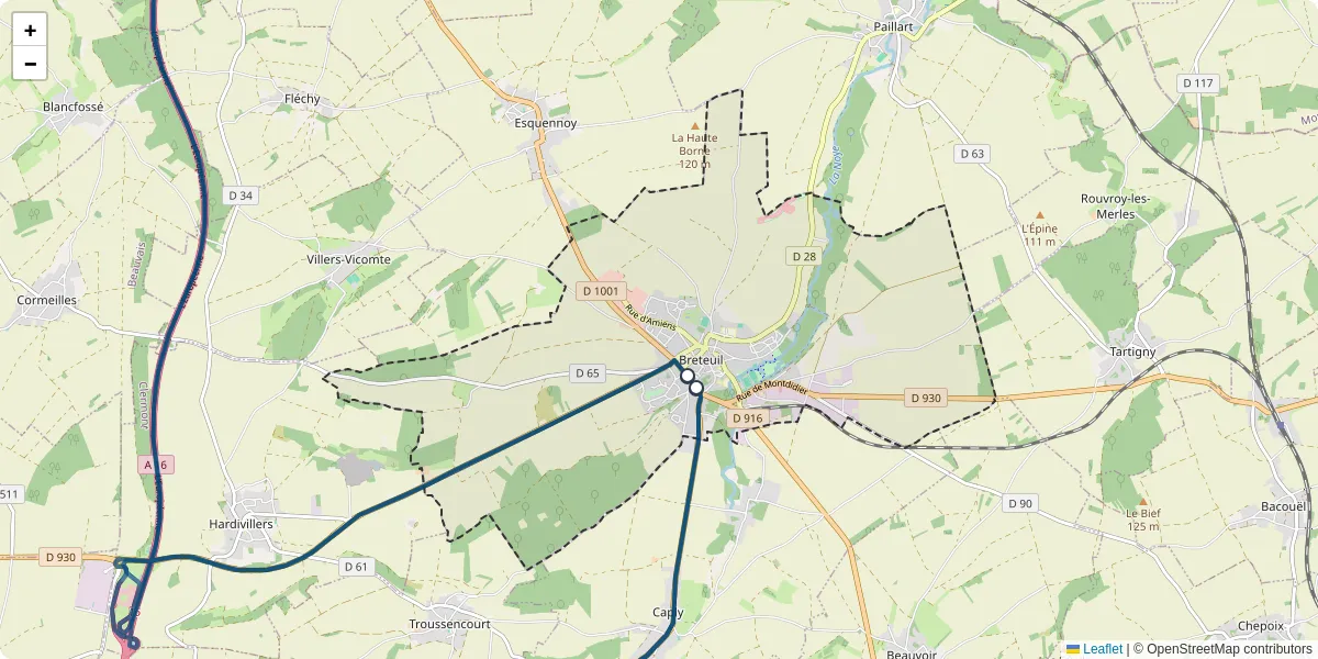 Carte du réseau de transport en commun à Breteuil - lignes de bus et arrêts