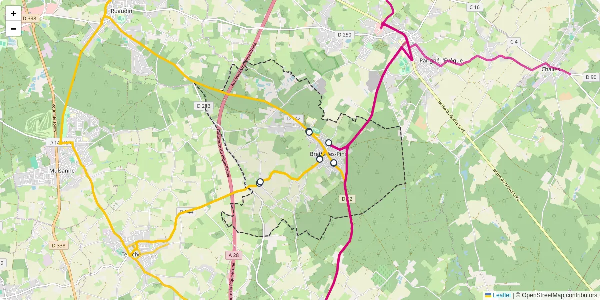 Carte du réseau de transport en commun à Brette-les-Pins - lignes de bus et arrêts