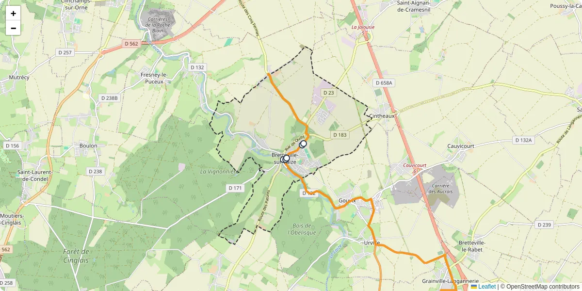 Carte du réseau de transport en commun à Bretteville-sur-Laize - lignes de bus et arrêts