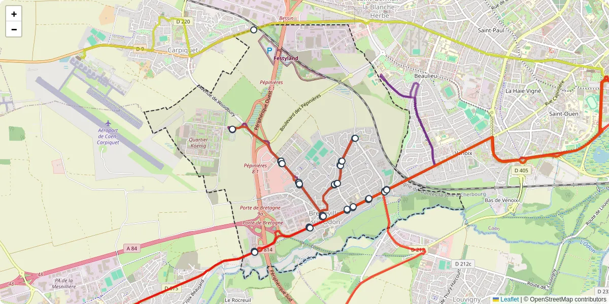 Carte du réseau de transport en commun à Bretteville-sur-Odon - lignes de bus et arrêts
