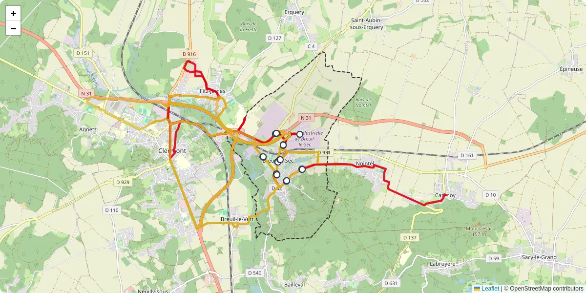 Carte du réseau de transport en commun à Breuil-le-Sec - lignes de bus et arrêts