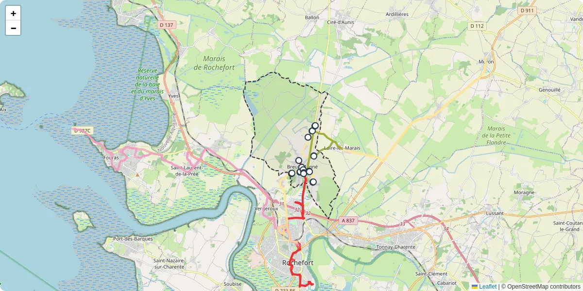 Carte du réseau de transport en commun à Breuil-Magné - lignes de bus et arrêts