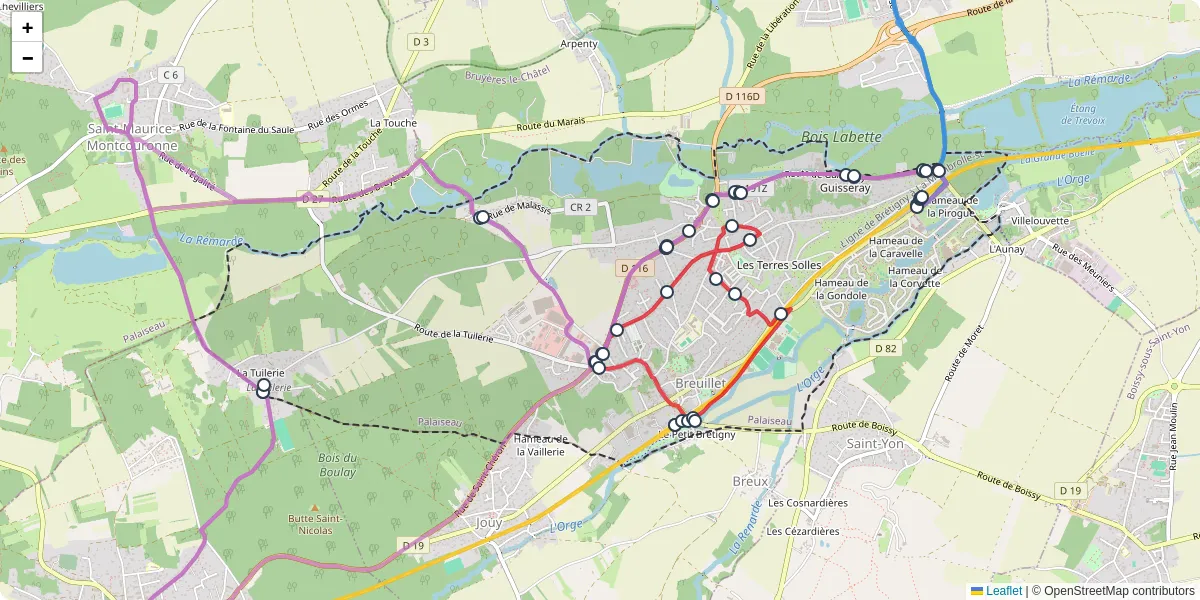 Carte du réseau de transport en commun à Breuillet - lignes de bus et arrêts