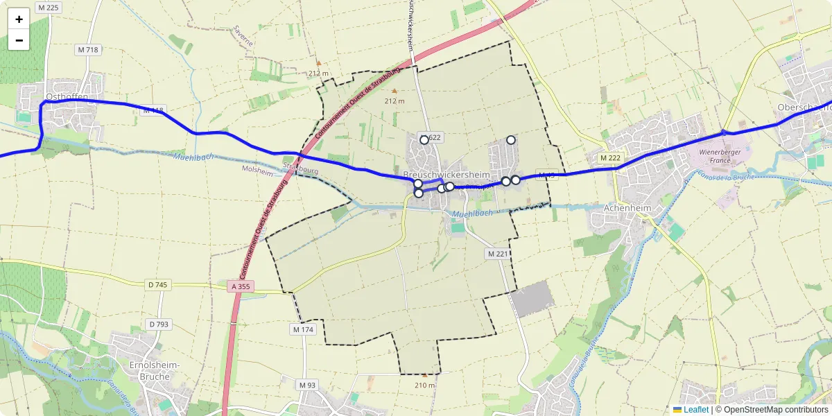 Carte du réseau de transport en commun à Breuschwickersheim - lignes de bus et arrêts