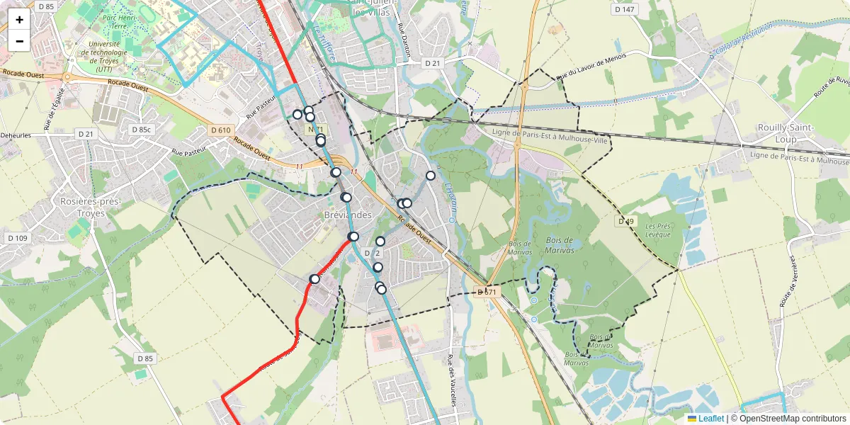 Carte du réseau de transport en commun à Bréviandes - lignes de bus et arrêts