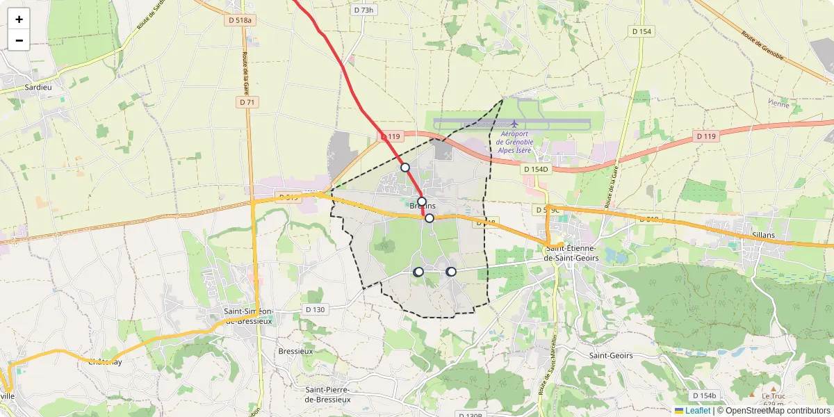 Carte du réseau de transport en commun à Brézins - lignes de bus et arrêts